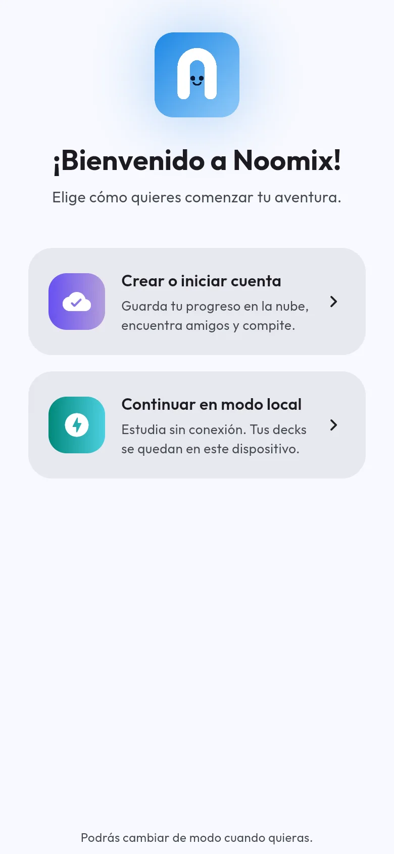 Choix entre créer un compte ou rester en mode local